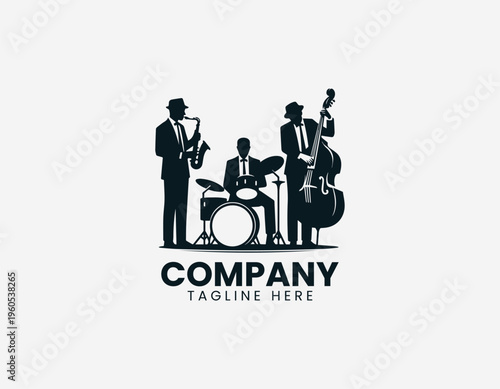A jazz band is illustrated performing with saxophone drums and double bass in a clean modern black vector logo illustration style on a white background