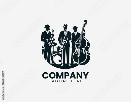 A jazz band is illustrated performing with saxophone drums and double bass in a clean modern black vector logo illustration style on a white background