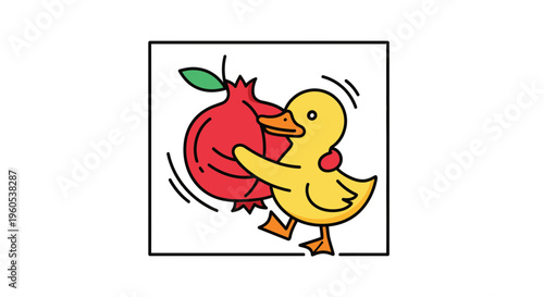 Sweet animated duck cheerfully holds a vibrant fruit, a delightful cartoon illustration for design.