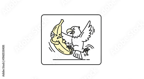 Intense cartoon eagle clashing with a frightened anthropomorphic banana in a humorous, vibrant