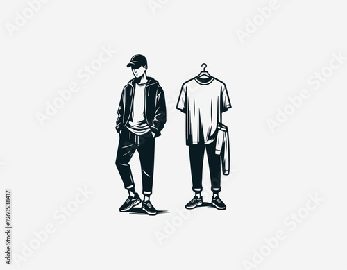 Young man holding t shirt and sneakers representing casual fashion lifestyle and retail style in clean minimalist black vector illustration style on white background