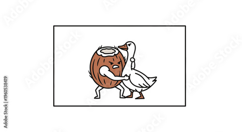 Humorous cartoon illustration of an angry coconut wrestling a determined white goose in a comical