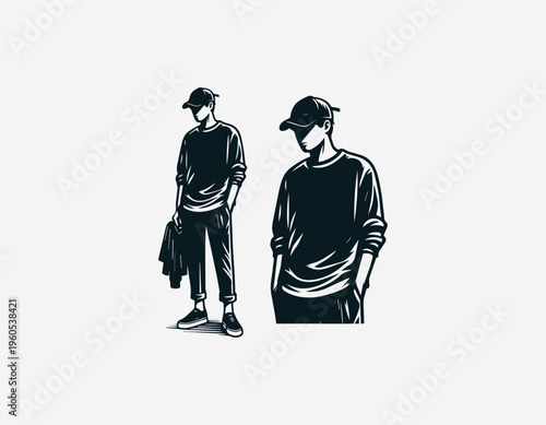Young man holding t shirt and sneakers representing casual fashion lifestyle and retail style in clean minimalist black vector illustration style on white background