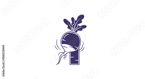 Minimalist purple root vegetable graphic icon with fresh leaves illustrating healthy organic produce