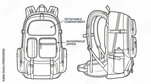 Technical double-view line drawing of a backpack showing detachable compartment and waterproof zipper features