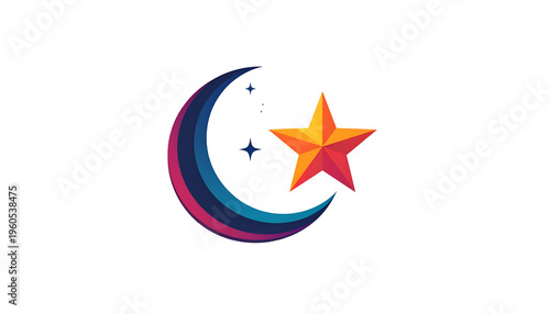 Free Download Crescent moon and star geometric logo design illustration in colorful style - GFXLoad