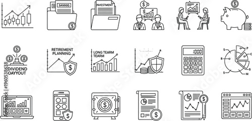 Investment and Financial Planning Icon Set Featuring Stock Market, Retirement Planning, Savings, Calculator, and Dividend Payout Tools in Black and White