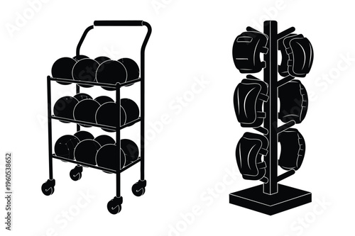 Helmet racks: sports and safety gear storage vector icons