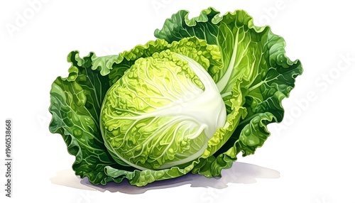 A crisp head of cabbage with large green leaves