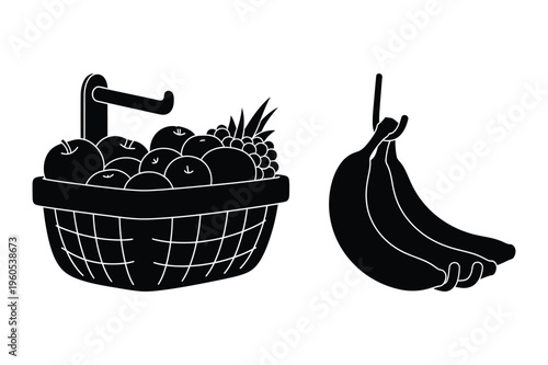 Fruit basket and bananas: healthy food vector icons