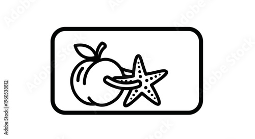 Minimalist black outline vector illustration featuring a stylized apple fruit and a charming