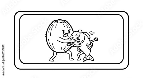 Humorous black and white illustration of an angry coconut punching a startled fish in a playful