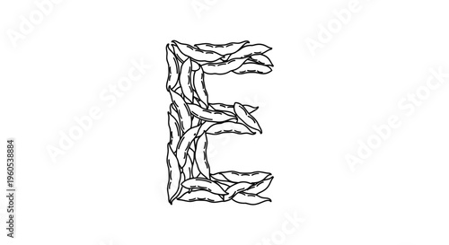 Hand-drawn letter E formed entirely from stylized pea pods, creating a unique alphabetical design