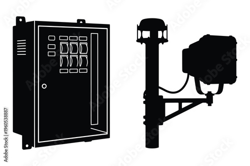 Electrical control panel and sensor pole silhouette illustration