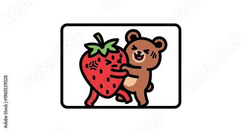 Charming illustration of a cheerful brown bear affectionately embracing a displeased red strawberry