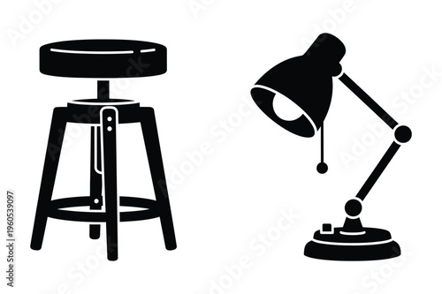 Adjustable stool and desk lamp silhouette