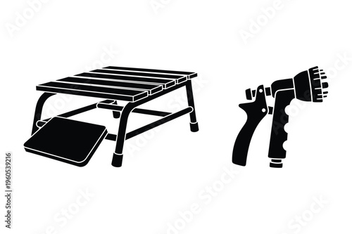 Folding step stool and water sprayer vector with black and white