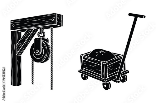 Pulley system and material cart vector with black and white