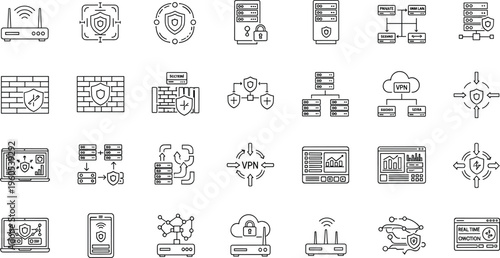Network Security and VPN Icon Set Featuring Firewall, Data Protection, Server, VPN Connection, and Real-Time Monitoring for Digital Security in Black and White