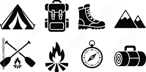 A set of eight black and white camping and outdoor adventure icons