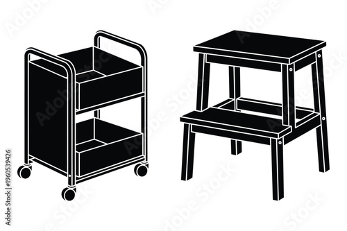 Rolling cart and step stool silhouette, utility furniture