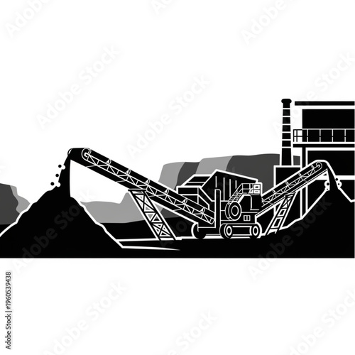 Illustration of a rock crusher machine in a quarry.