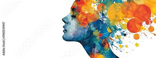 A vibrant abstract artistic watercolor painting of a human head in profile bursting with colorful creative thoughts and imagination on a white backgro