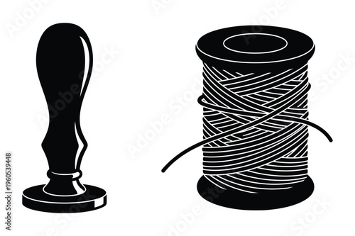 Stamp and spool of thread silhouette vector illustration