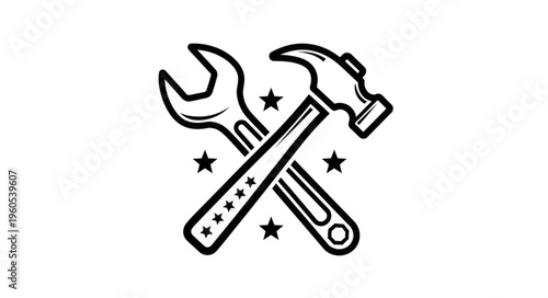 Illustration of a Wrench and Hammer with Star Accents.