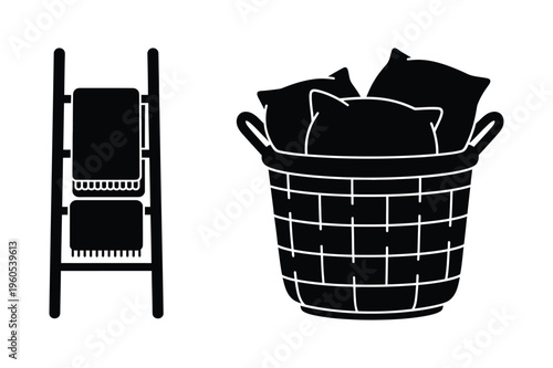 Towel rack and laundry basket illustration with home organization