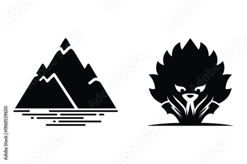 Mountain landscape and stylized lion icon with mountain range