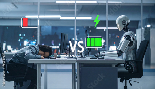A fatigued human with low battery facing an efficient robot with full charge, symbolizing human vs machine productivity.