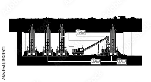 Illustration of an underground mining operation with multiple drilling rigs.