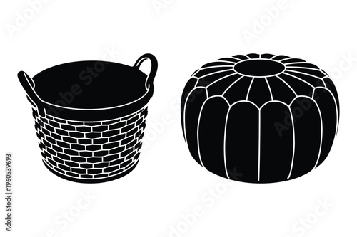 Woven basket and pouf ottoman with home decor