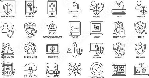 Online Security and Privacy Icon Set Featuring Safe Browsing, Password Manager, Wi-Fi Protection, Identity Theft, and Digital Privacy in Black and White