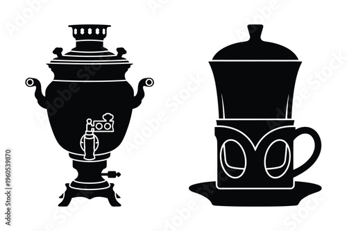 Samovar and coffee maker silhouette icons for kitchen or cafe