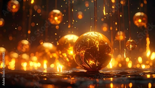 A glowing golden sphere amidst floating orbs and sparkling lights