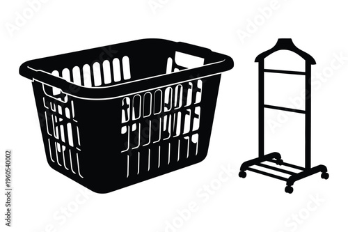 Laundry basket and valet stand silhouette icons with black and white