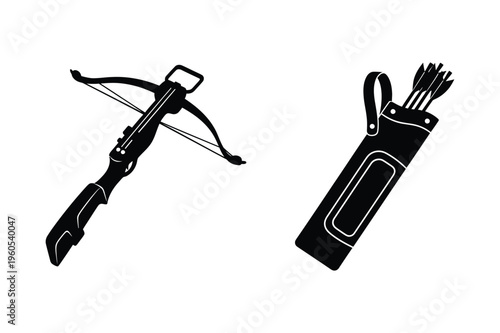 Hunting crossbow and archer arrows in quiver silhouette vector icons