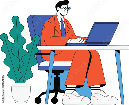 Man working on laptop at desk with plant