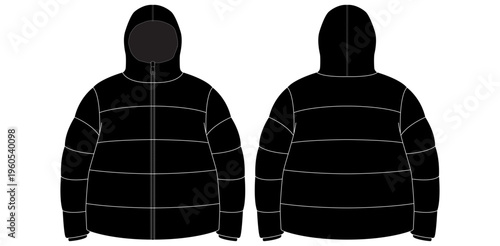 Winter puffer jacket technical flat sketch, front side back view, fashion cad drawing, hooded coat vector, apparel design vector illustration