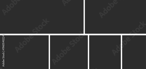 Grid layout with dark background and white dividing lines, blank placeholders for content.