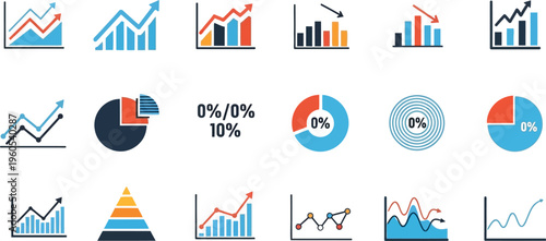 Assortment of colorful vector icons features various graphical representations for financial data analysis and growth tracking.