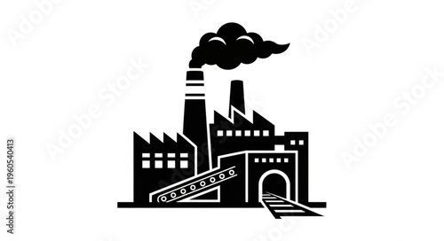 Industrial Factory Silhouette with Smoke and Railroad Tracks.