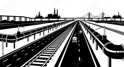 Industrial Landscape with Roads, Pipelines, and Railway Tracks Illustration.