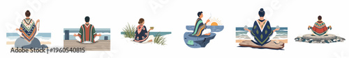 Set of flat vector illustrations of diverse people practicing meditation and mindfulness in peaceful coastal environments at sunrise and sunset.