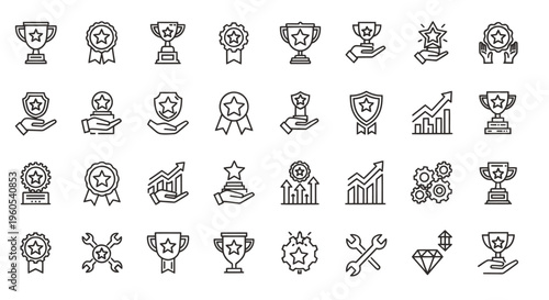 Collection of Award Icons for Graphic Resources Featuring Trophies Medals Ribbons and Certificates.
