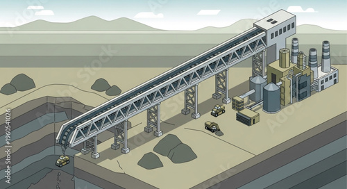 Industrial mining conveyor system with processing equipment.