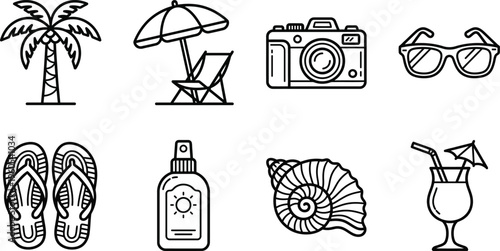 Black and white line art beach vacation icons set