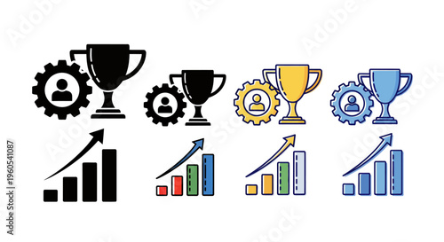 Multiple trophies, gears, and rising charts indicating business success and growth across metrics and performance indicators.